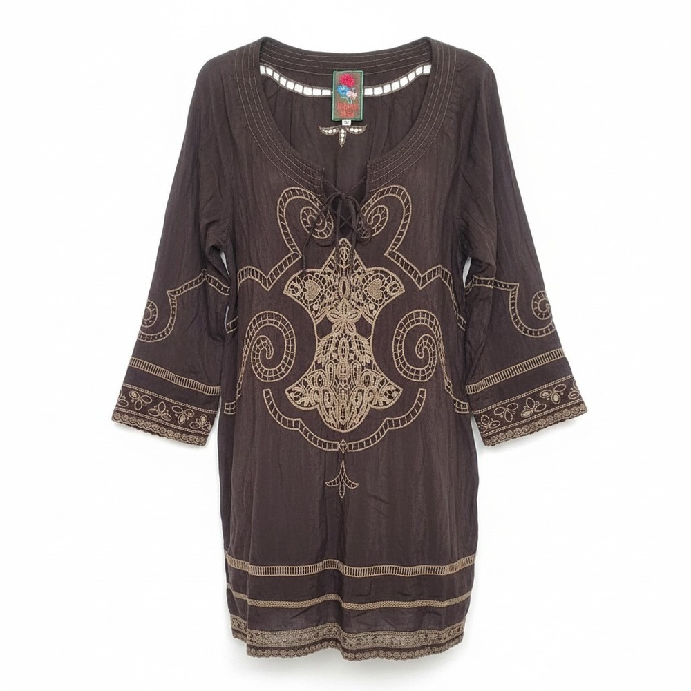 Johnny Was Tunic Top M Brown Embroidered Boho Cupra Rayon Peasant Blouse